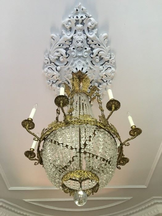 19th c French Empire Gilt Metal and Crystal Chandelier 