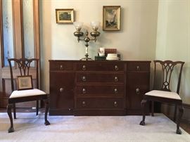 Empire Credenza with Brass Lion Head Pulls, Chippendale Paw Foot Side Chairs