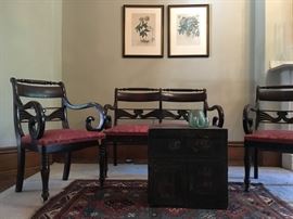 Regency Three Piece Living Room Set with Exaggerated Curled Arm and Swag and Turned Wood Back