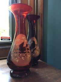 Etched Red Glass Vases with Bird Motif 