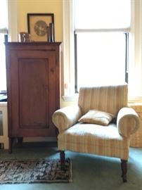 Primitive Cabinet, Upholstered Armchair 