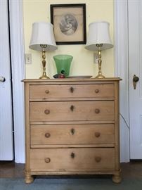 Primitive Pine Four Drawer Chest, Brass Candlestick Lamps 