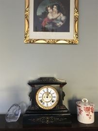 Engraving by Will Henderson, Affectionate Sisters, Signed, Ansonia Marble Mantle Clock 