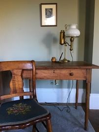 Primitive Desk, Victorian Needlepoint Chair, Antique Brass Desk Lamp