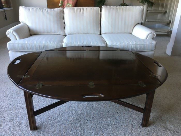 Mahogany Butlers Tray Coffee Table, Striped Three Seat Sofa