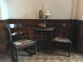 Rush Seat Antique Chairs, Spindle Drop Leaf Side Table