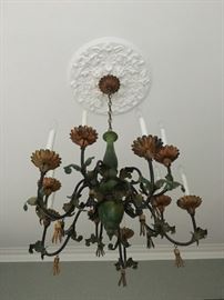 Painted Metal Antique Chandelier with Blossoming Flower Motif 
