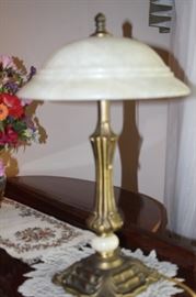 Heavy table lamp with alabaster shade.