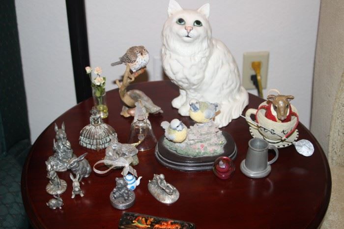 Pewter miniatures, ceramic cat and bird figures.