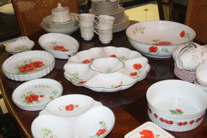 Collection of poppy serving dishes.