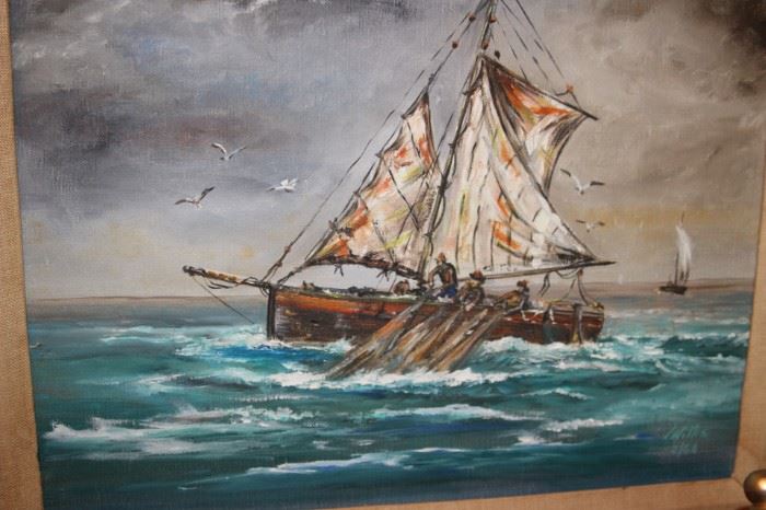 Oil painting of men pulling in fishing nets.