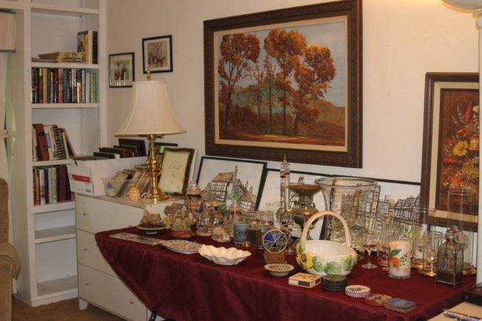Books, decanter, stemware, David Winter cottages, Steins, ceramics, barware.