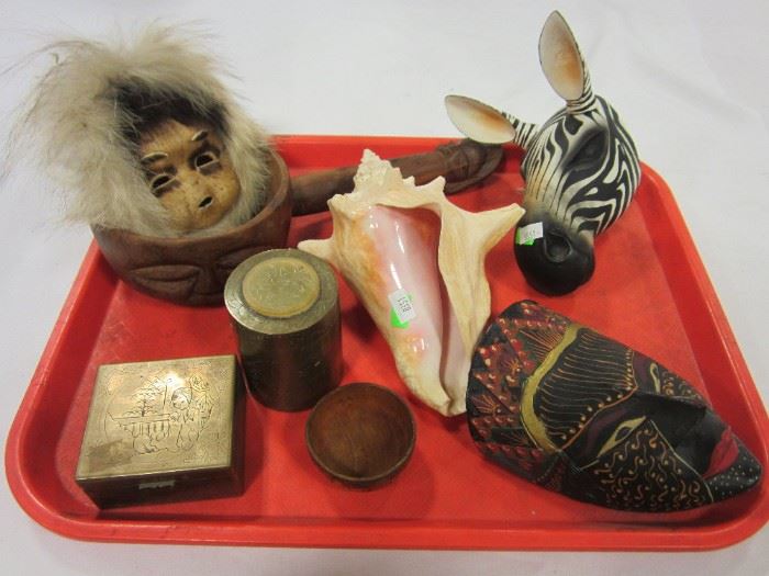 ethnic arts: mini Alaskan mask, conch shell, other masks, Chinese boxes,