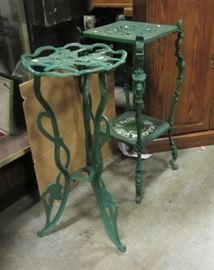 two metal plant stands, forest green paint