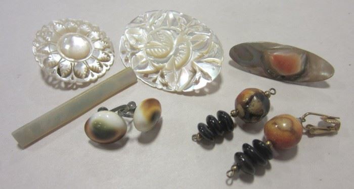 Carved Mother of pearl pins, Antique shell pins, sponge coral drop pendants