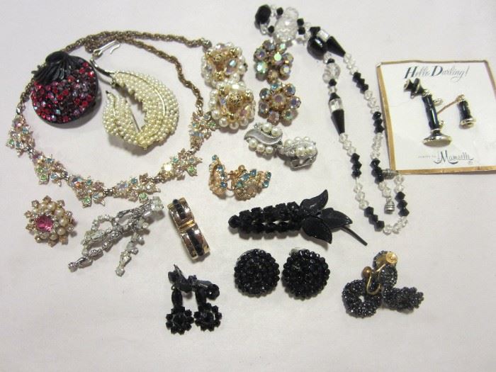 Costume jewelry including vintage black pin and earrings in time for your halloween costume