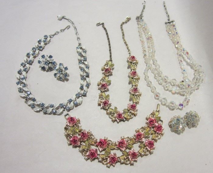 Three vintage costume jewelry sets including faceted crystal 