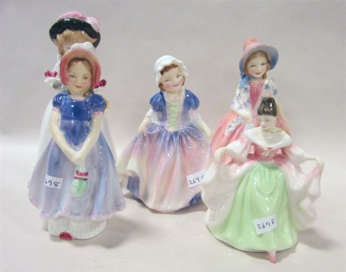 Royal Doulton porcelain girl and lady figures.  All offered as one lot to the highest bidder