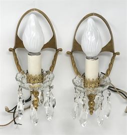Vintage Brass and Crystal Electric Wall Sconces