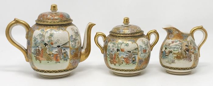 Signed Satsuma Japanese Porcelain Antique Teapot Creamer and Covered Sugar