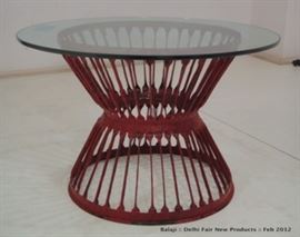 $75.00 Iron Industrial Side Table Red Antique Iron Base with Glass Top: 22" round 19" high