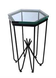 $74.50 Side Table with Glass Top and Natural Iron Base: 16" round 25" high