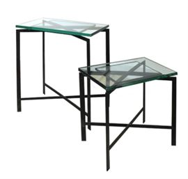 Large Side Table with Natural Iron Base and Glass Top: 18.5" wide 12" deep 24.5" high                                          $49.50- Small Side Table with Natural Iron Base and Glass Top: 16" wide 11" deep 17" high