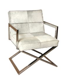 $199.50 Accent Chair Grey Hair on Hide with Polished Stainless Steel Base: 25.5" wide 24.5" deep 33.5" high