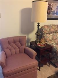 Sweet little vintage chair, side table with magazine rack.
