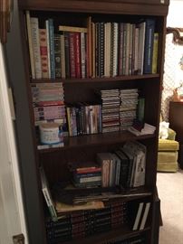 Bookcase, lots of music, movies.