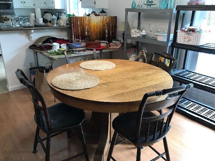 Oak table, antique chairs, more décor, and kitchen items