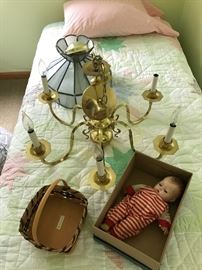 brass chandelier, Tiny Tears doll,