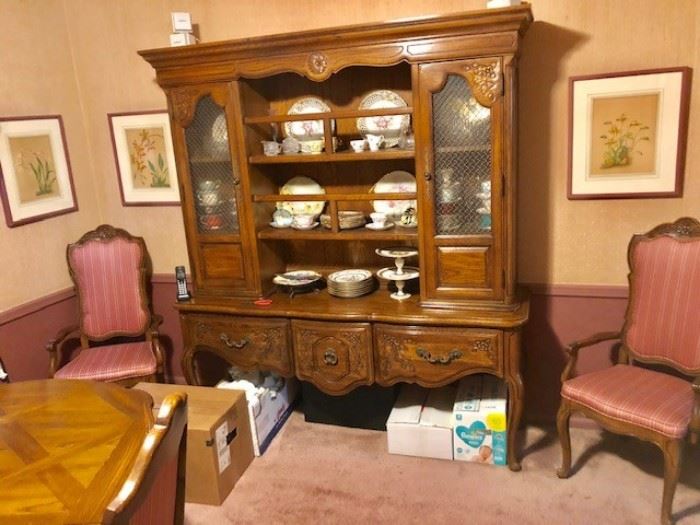 Vintage Hutch with Pair of Upholstered Occasional Chairs, Art and China