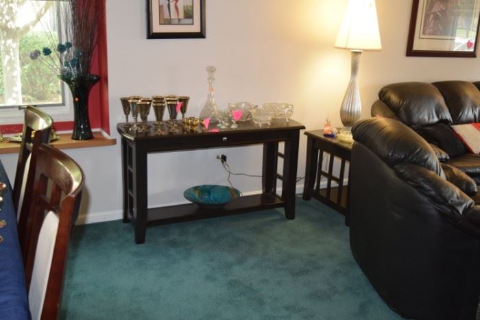 Side Table, Glass Serverware, Vase, Floral Arrangement, Table Lamp, & Home Decor