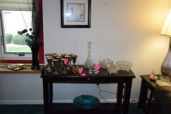 Side Table, Goblets, Glassware, Home Decor, Art, Floral Arrangement in Vase
