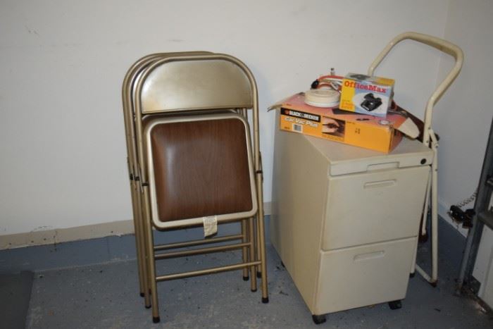 Folding Chairs, Office Supplies, Two-Drawer Filing Cabinet on Wheels