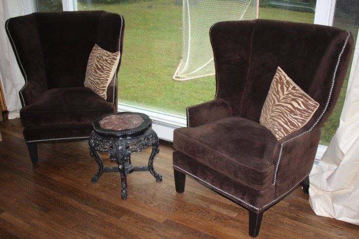 Pair of Brown Nail Head Wing Chairs