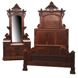 American Victorian Bedroom Set - Features Renaissance Revival vanity dresser and full size bed 