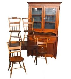 19th century American Country furniture including  a Cherry 6-pane Cupboard, Cherry 2 drawer Work Table and 4 PA Half spindle Plank seat Chairs