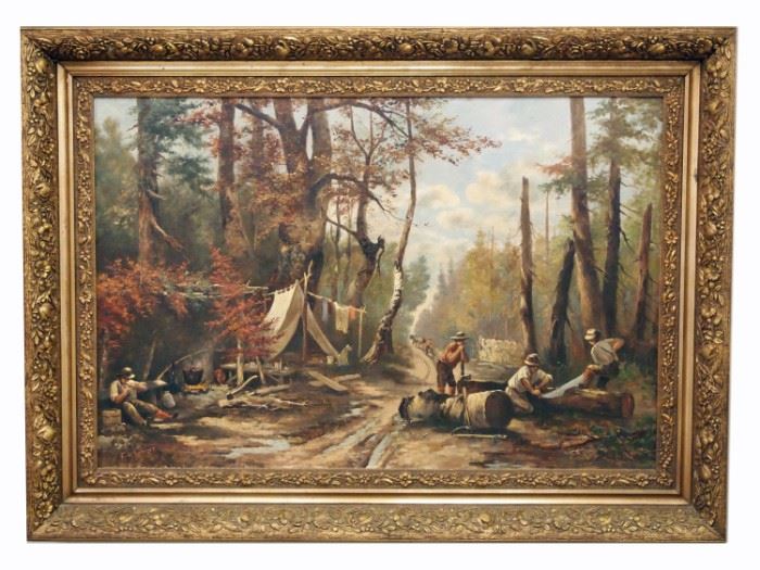 Frederick VON LUERZER - "Michigan Logging Camp" Oil on Canvas
