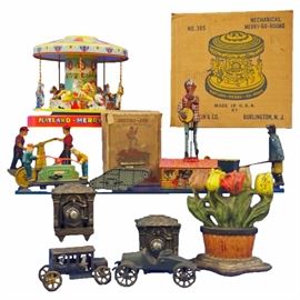 Vintage toys including a Chein Merry-Go-Round (w/box), Klotz Banks, "Jazzbo Jim" (w/box) & Door Stop