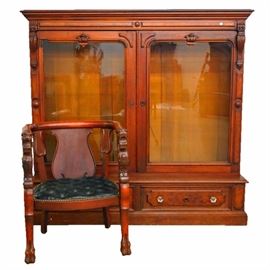Walnut Victorian Two Door Bookcase, Carved Mahogany Arm Chair