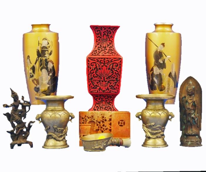 Cinnabar Vase, Pair of  Mixed Metal Vases, Thai Bronzes