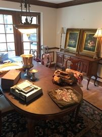 Dining table, original artwork, lamps, linens, tablecloths