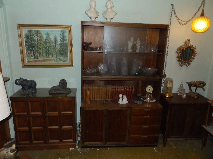 Display cabinet antique books andcut glass