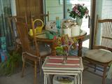 Kitche/dining set with chairs, stacking metal vintage patio tables and copper top Ramsburg tin pieces, etc.