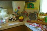 Nice kitchen tin pieces and Correlle dinnerware, etc.