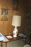 Mid century modern coffee table, lamp and the paint by number framed pieces