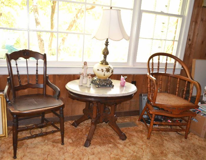selection of antique chairs, marble top parlor table