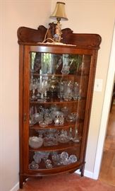 oak corner china cabinet w/curved glass